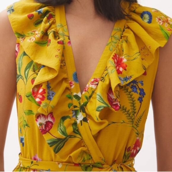 Anthropologie Maeve Floral Faux Wrap strawberry Gold Mustard Yellow Dress - Picture 3 of 16